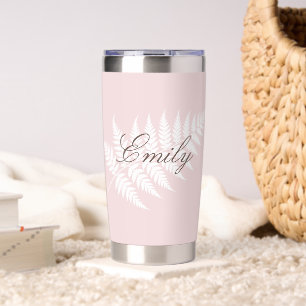 Blush Pink White Fern Personalized Name Silver Insulated Tumbler
