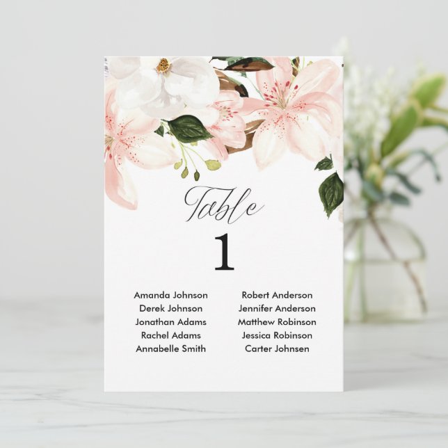 Blush pink white floral 5"x7" table numbers (Standing Front)