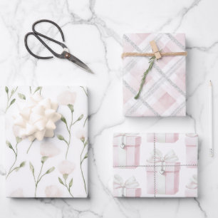 Blush Pink White Floral Birthday Wrapping Paper Sheet