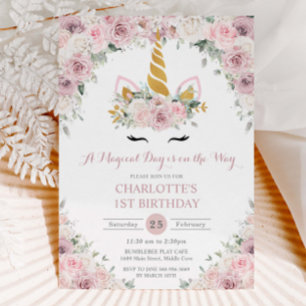 Blush Pink White Floral Cute Unicorn 1st Birthday Invitation