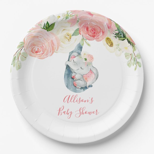 Blush pink white floral elephant baby shower paper plate (Front)