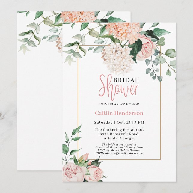 Blush Pink White Floral Hydrangea Bridal Shower Invitation (Front/Back)