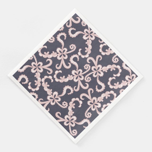 Blush Pink White Floral Lace on Navy Blue Napkin (Corner)