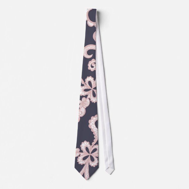 Blush Pink White Floral Lace on Navy Blue Tie (Front)