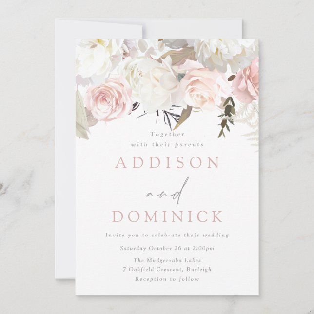 Blush Pink & White Floral Modern Wedding Invitation (Front)