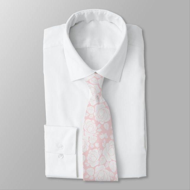 Blush Pink White Floral Rose Wedding Neck Tie (Tied)
