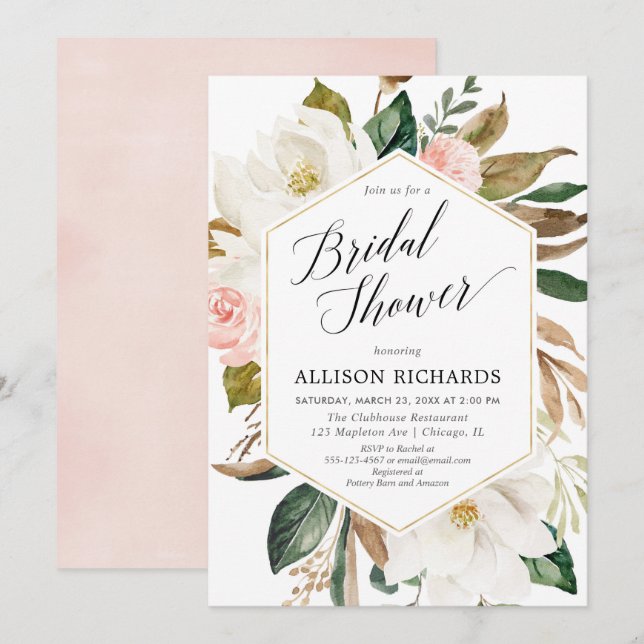 Blush pink white floral rustic bridal shower invitation (Front/Back)