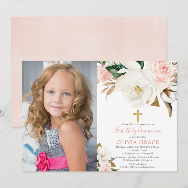Blush pink white floral rustic communion photo invitation (Front/Back)