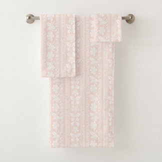 Blush Pink & White Floral Stripe Damask Bath Towel Set