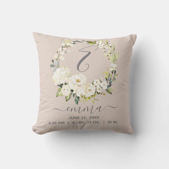 Blush Pink White Floral Wreath Baby Birth Stats Throw Pillow (Front)