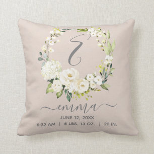 Blush Pink White Floral Wreath Baby Birth Stats Throw Pillow