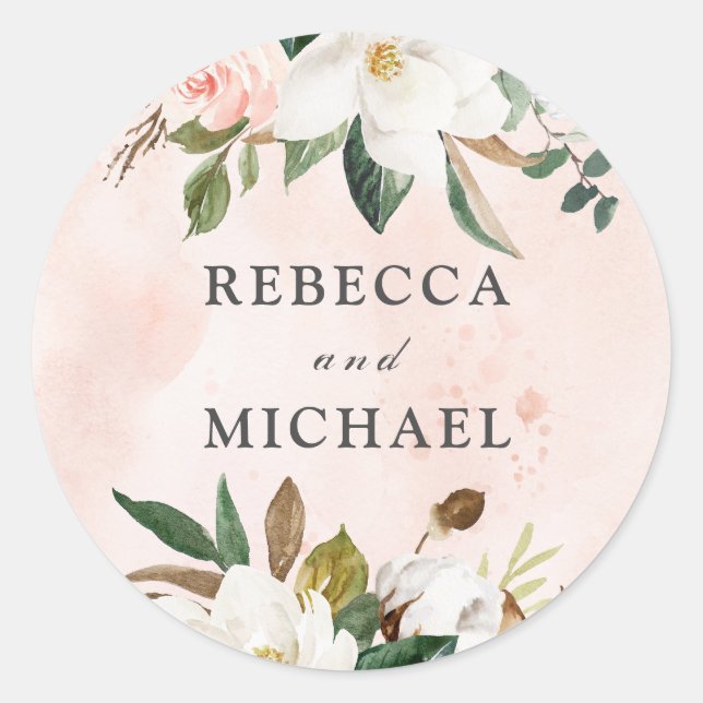 Blush Pink  & White Flowers Watercolor Wedding Classic Round Sticker (Front)