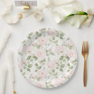 Blush Pink White Flowers Wedding Paper Plate