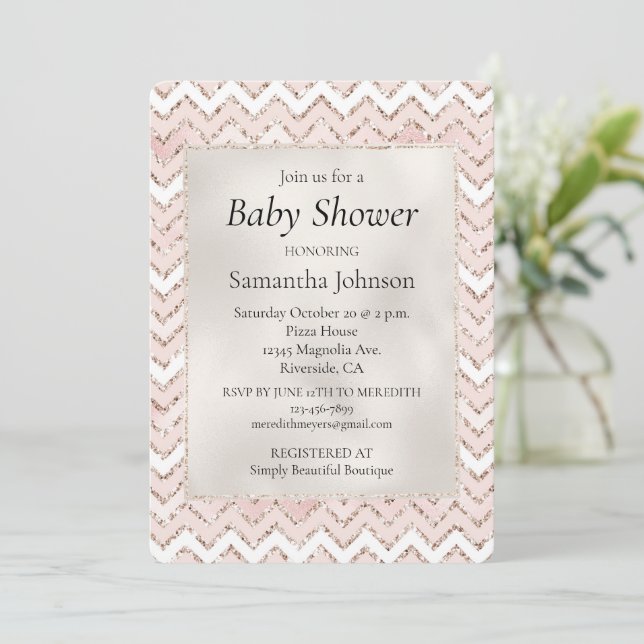 Blush Pink White Glam Glitter Zig Zag Baby Shower Invitation (Standing Front)