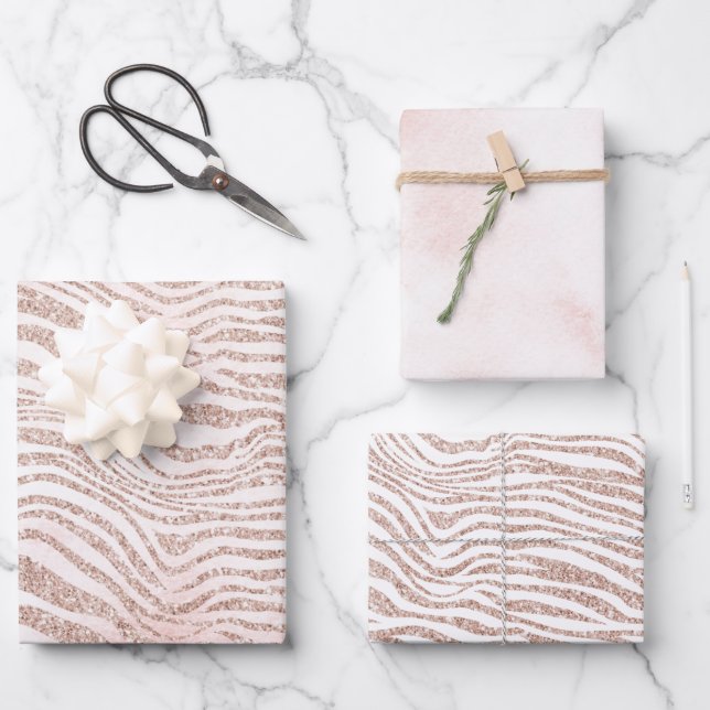 Blush Pink White Glitter Zebra Gold Confetti       Wrapping Paper Sheet (Front)