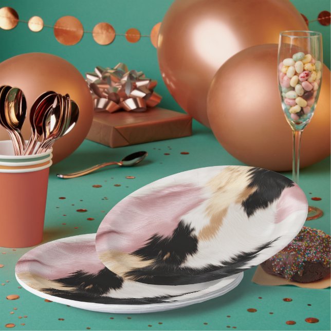 Blush Pink White Gold Black Cowhide Animal Paper Plate (Multi)