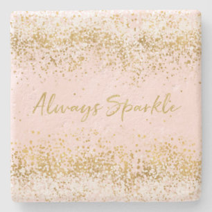 Blush Pink White Gold Confetti Sparkle Stone Coaster
