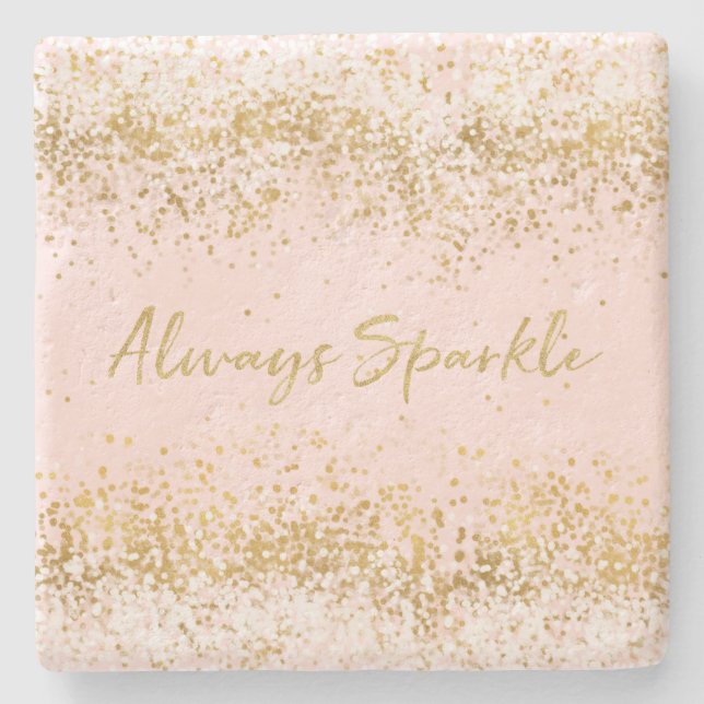 Blush Pink White Gold Confetti Sparkle Stone Coaster (Front)