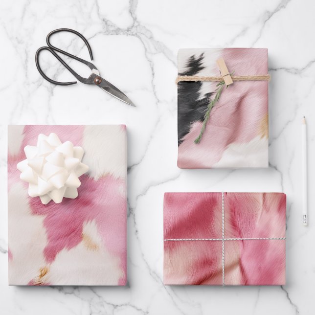 Blush Pink White Gold Cowhide Animal Wrapping Paper Sheet (Front)