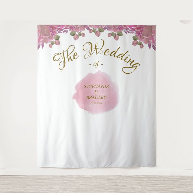  Blush Pink White Gold Elegant Wedding Backdrop Tapestry (Front)