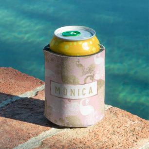 Blush pink white gold royal peacock bird can cooler