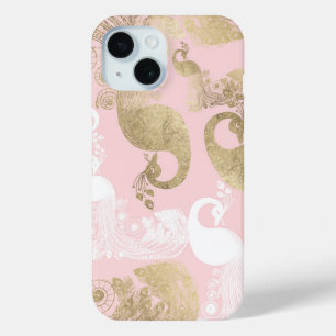 Blush pink white gold royal peacock bird  iPhone 15 case