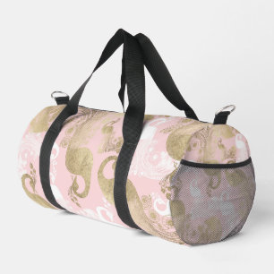 Blush pink white gold royal peacock bird duffle bag