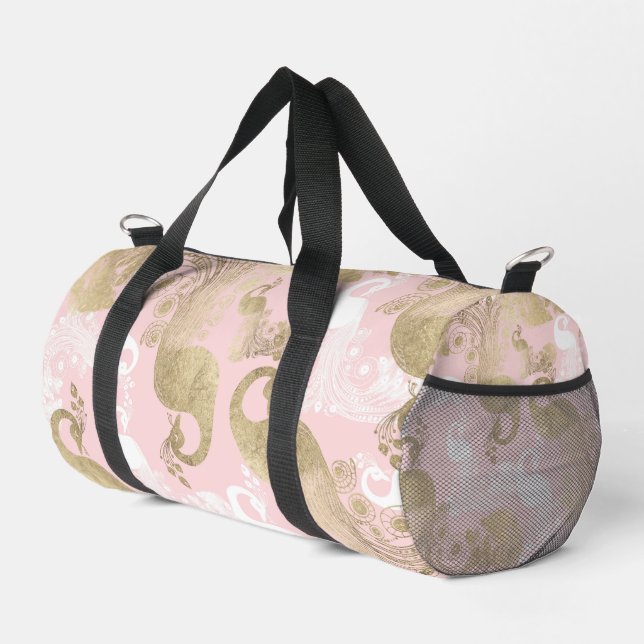 Blush pink white gold royal peacock bird duffle bag (Right Corner)