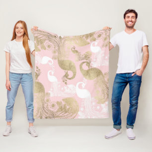 Blush pink white gold royal peacock bird fleece blanket
