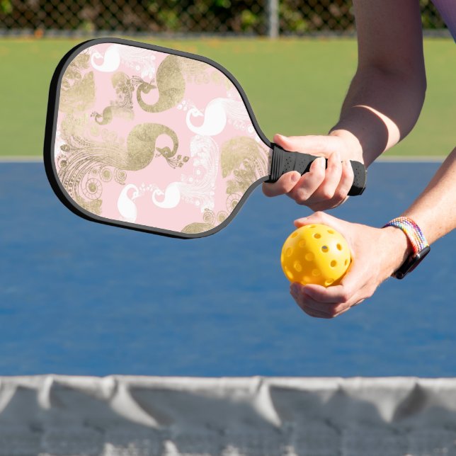Blush pink white gold royal peacock bird pickleball paddle (Insitu)