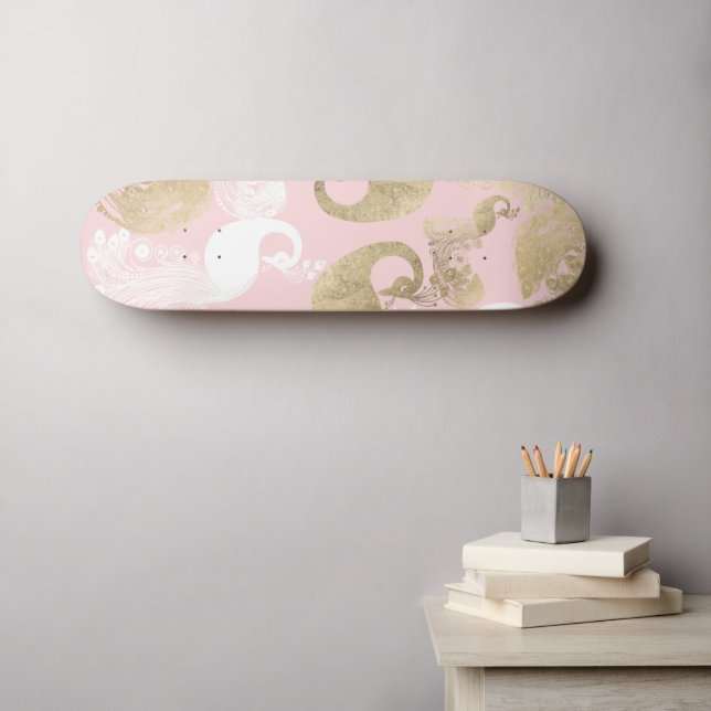Blush pink white gold royal peacock bird  skateboard (Wall Art (Horz))