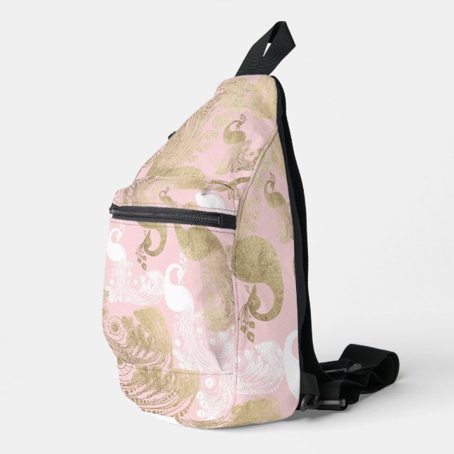 Blush pink white gold royal peacock bird sling bag (Right Corner)