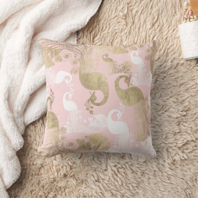 Blush pink white gold royal peacock bird  throw pillow (Blanket)