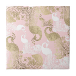 Blush pink white gold royal peacock bird tile