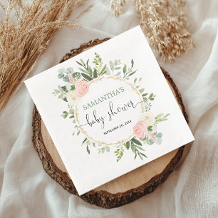 Blush pink white greenery gold floral elegant napkin