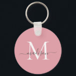 Blush Pink White Grey Monogram Name Girly Script Keychain<br><div class="desc">Simple Blush Pink White Grey Monogram Elegant Modern Script Keychain</div>