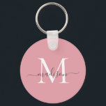 Blush Pink White Grey Monogram Name Girly Script Keychain<br><div class="desc">Simple Blush Pink White Grey Monogram Elegant Modern Script Keychain</div>