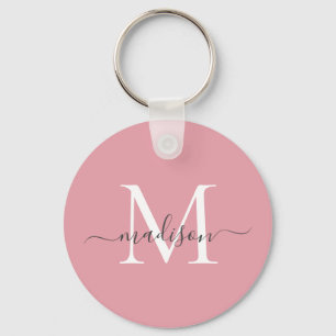 Blush Pink White Grey Monogram Name Girly Script Keychain