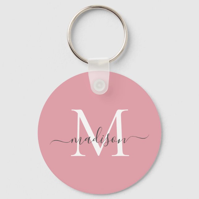 Blush Pink White Grey Monogram Name Girly Script Keychain (Front)