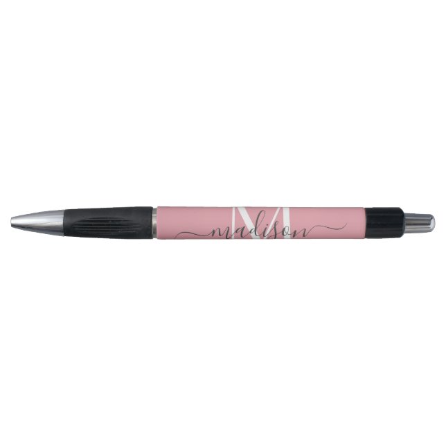Blush Pink White Grey Monogram Script Name Stylish Pen (Front)