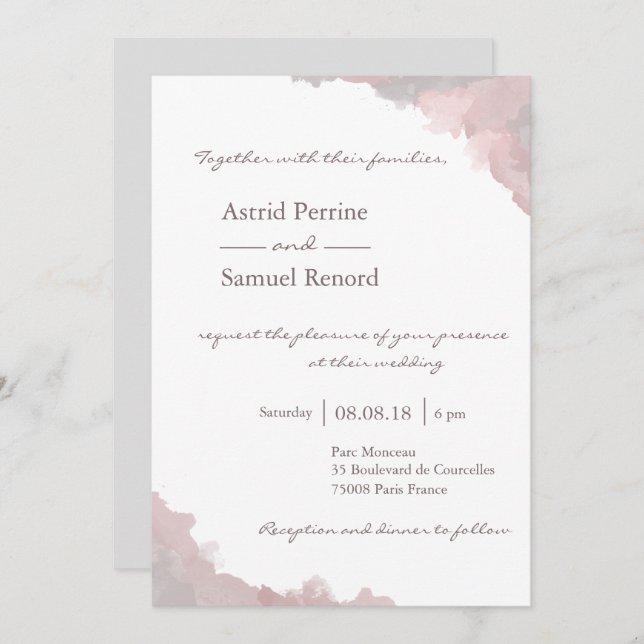 Blush pink white grey watercolor elegant wedding invitation (Front/Back)