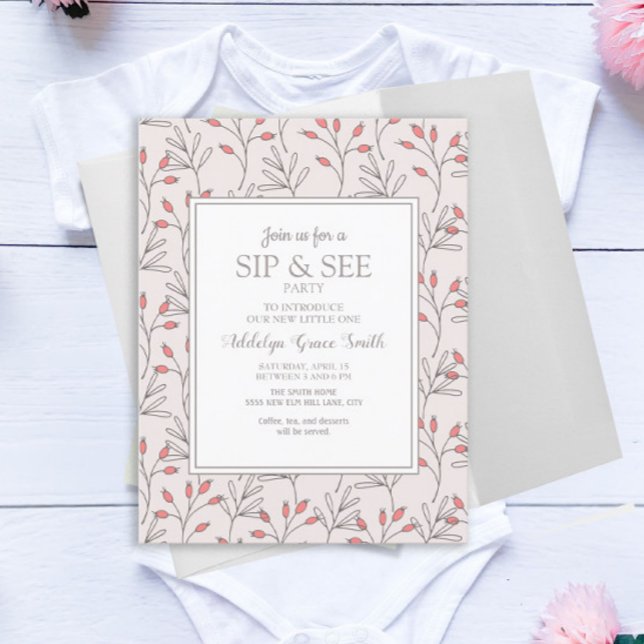 Blush Pink White Leaves Baby Shower Sip and See Invitation (Creator Uploaded)