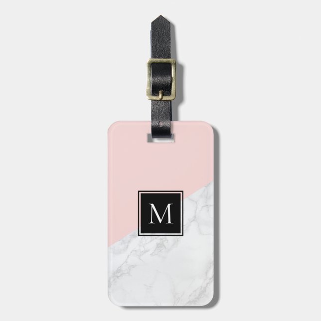 Blush Pink | White Marble Monogram Luggage Tag (Front Vertical)
