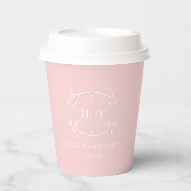 Blush Pink white monogram Wedding Paper cups (Front)