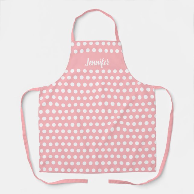 Blush Pink White Polka Dot Pattern Personalized Apron (Front)