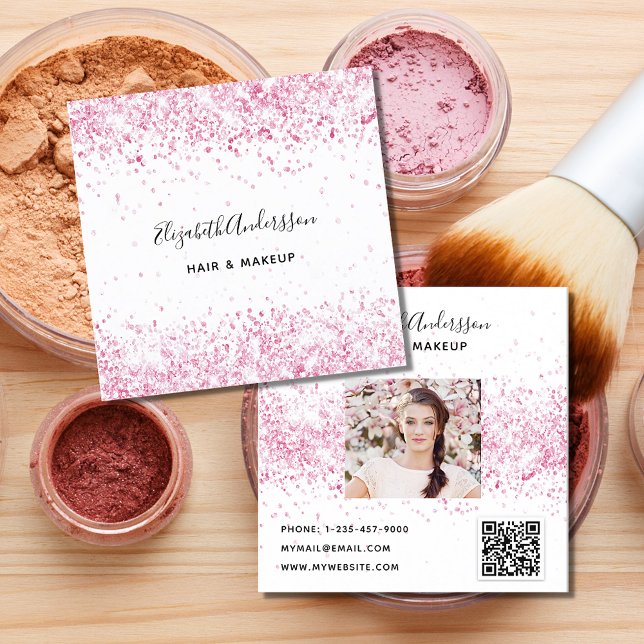 Blush pink white profile photo qr code square business card (Creator Uploaded)