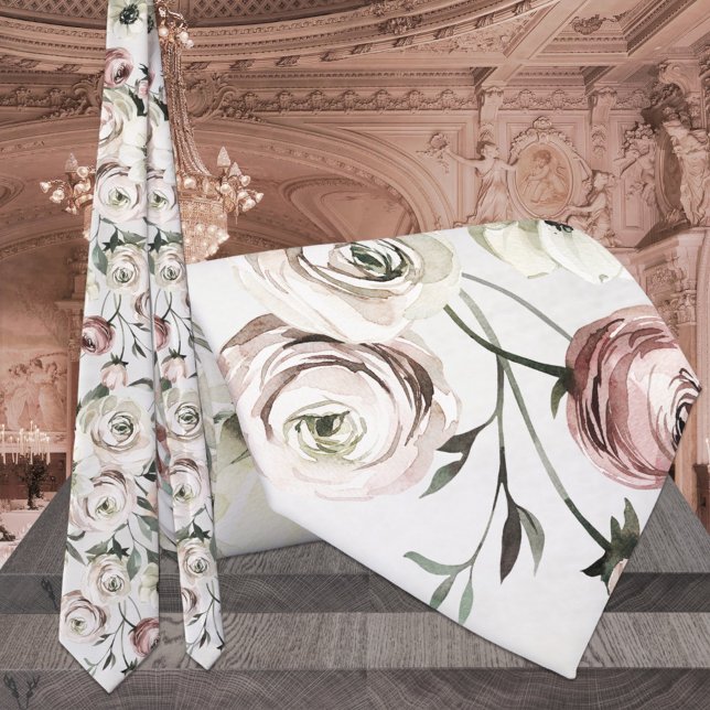 Blush Pink & White Ranunculus Vine Wedding Tie (Creator Uploaded)