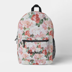 Blush Pink White Red Roses Floral Printed Backpack