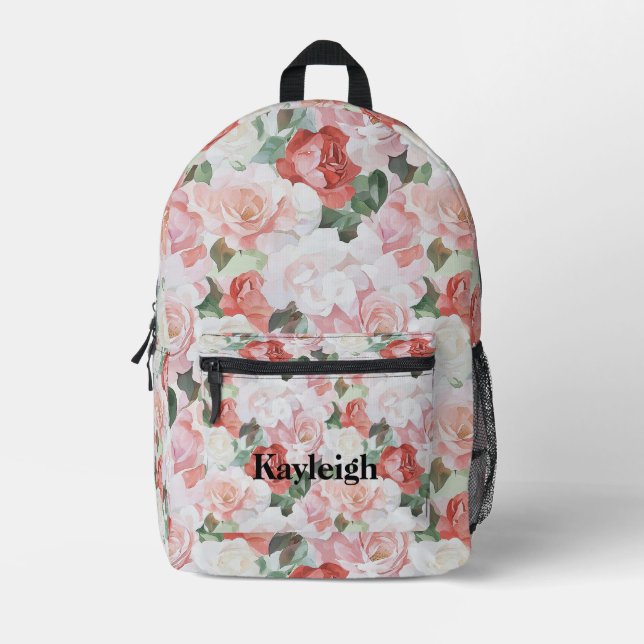 Blush Pink White Red Roses Floral Printed Backpack (Front)