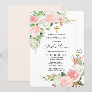 Blush Pink White Rose Floral First Holy Communion Invitation